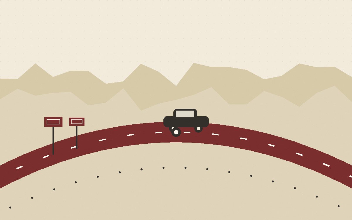 A two-lane road curving through low hills with a small car and long shadows